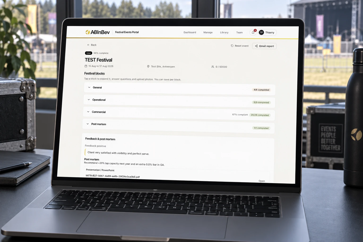 Het evenementendossier op desktop, getoond met testgegevens.