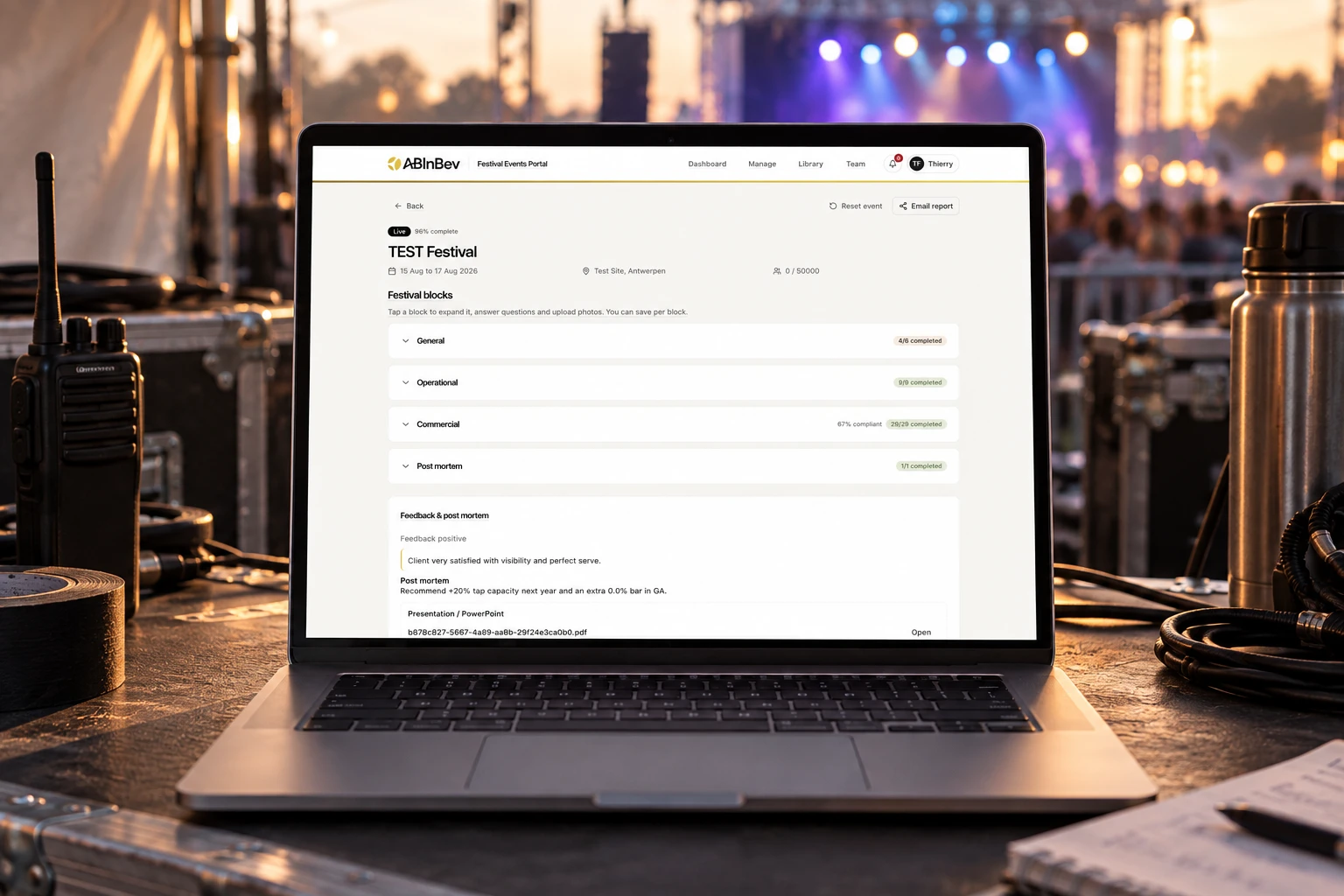 Het Festival Events Portal in een festivalomgeving, met testgegevens.