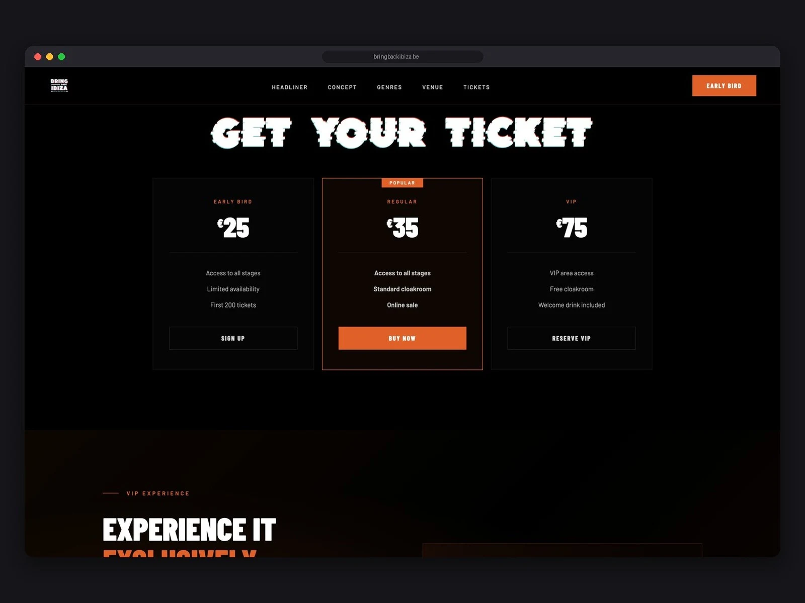 De uitgewerkte ticketsectie in de campagnesite.