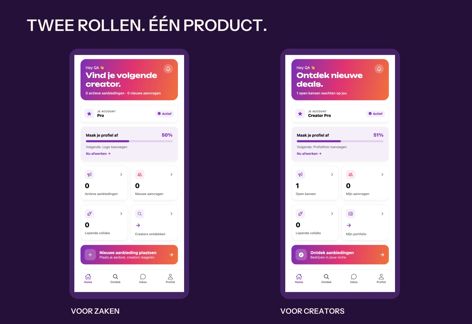 Twee startschermen: voor bedrijven en voor creators.