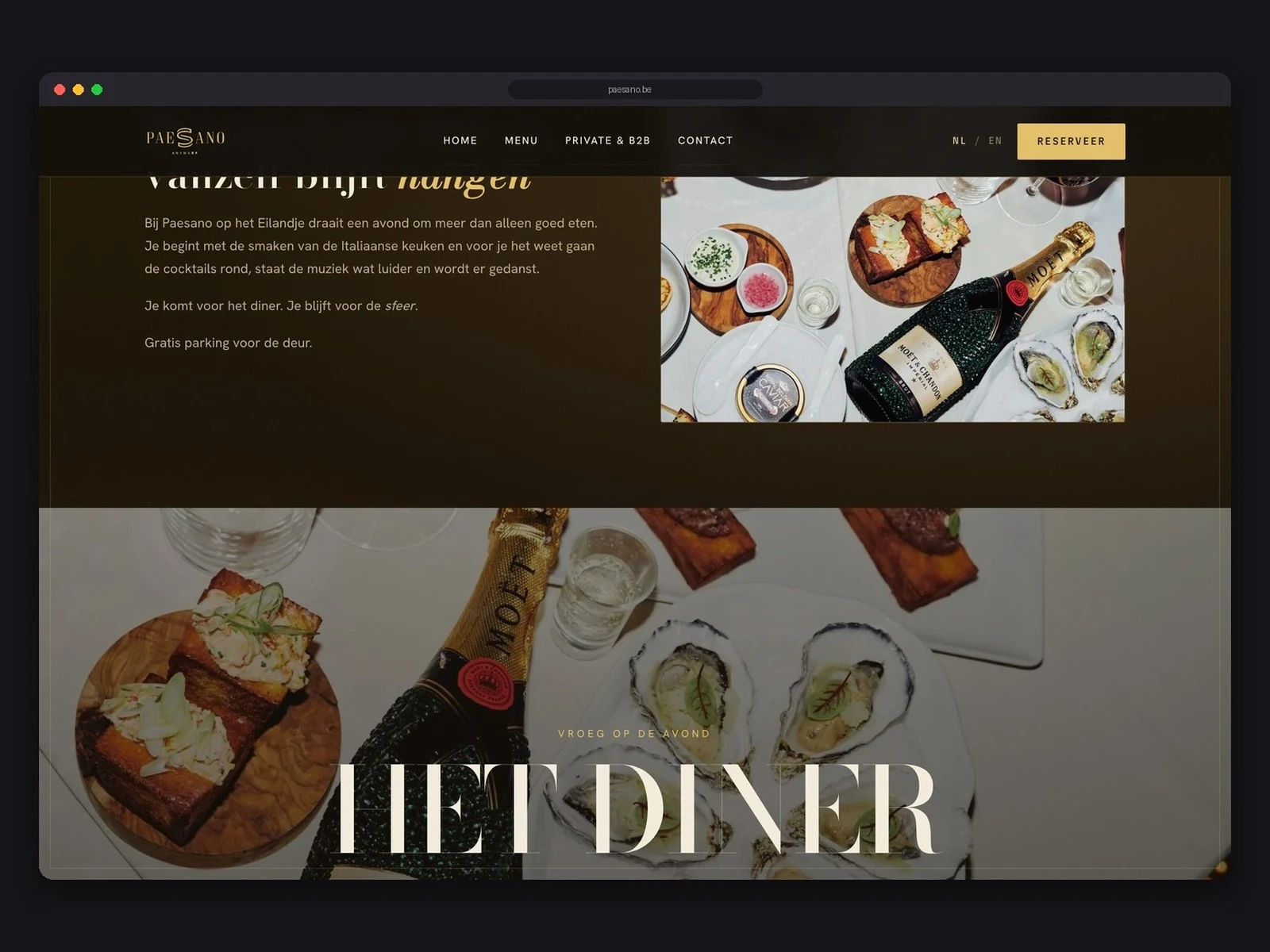 De oorspronkelijke websiteopname van de dinersectie.
