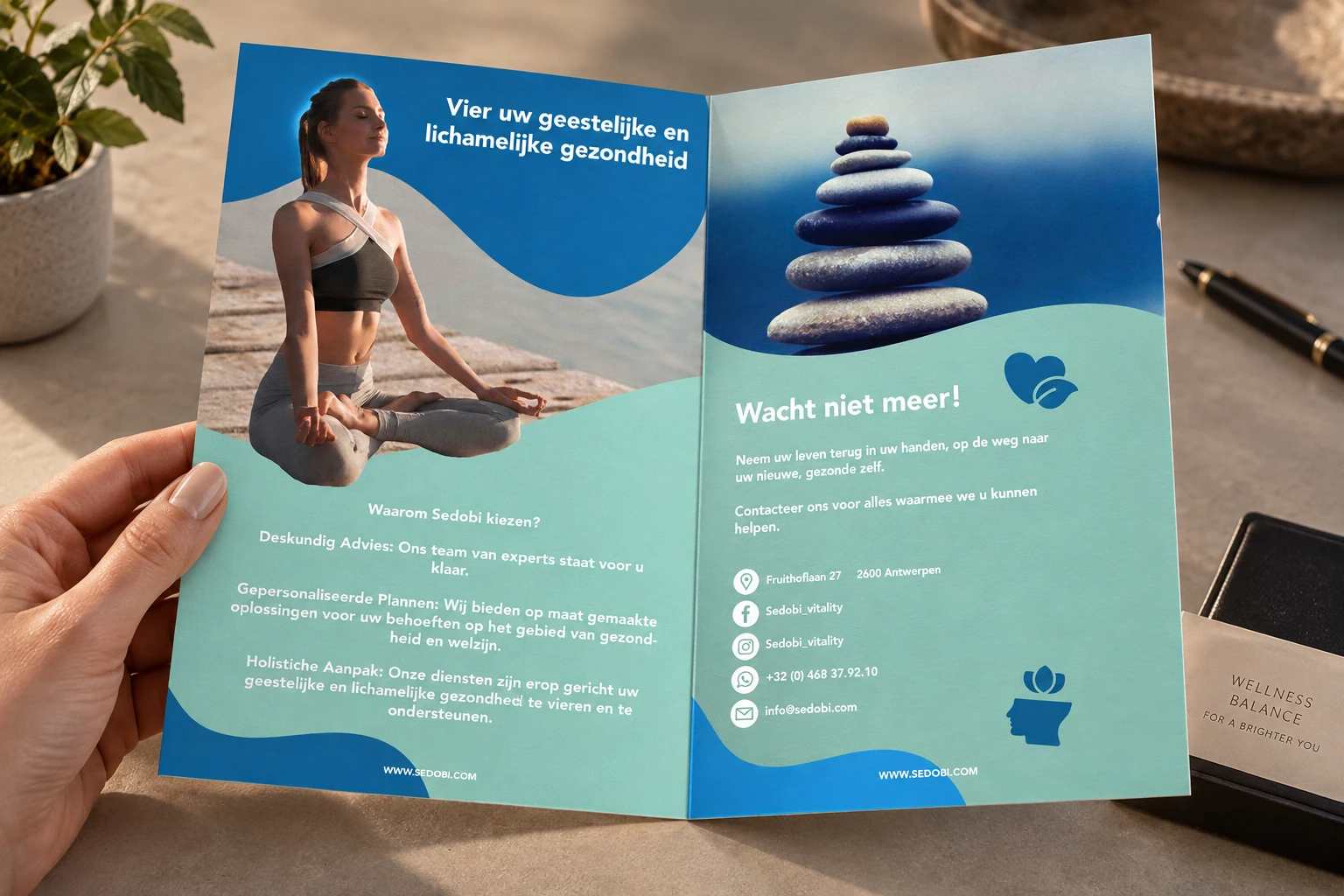 Twee brochurepagina’s in een open drukwerkmockup.
