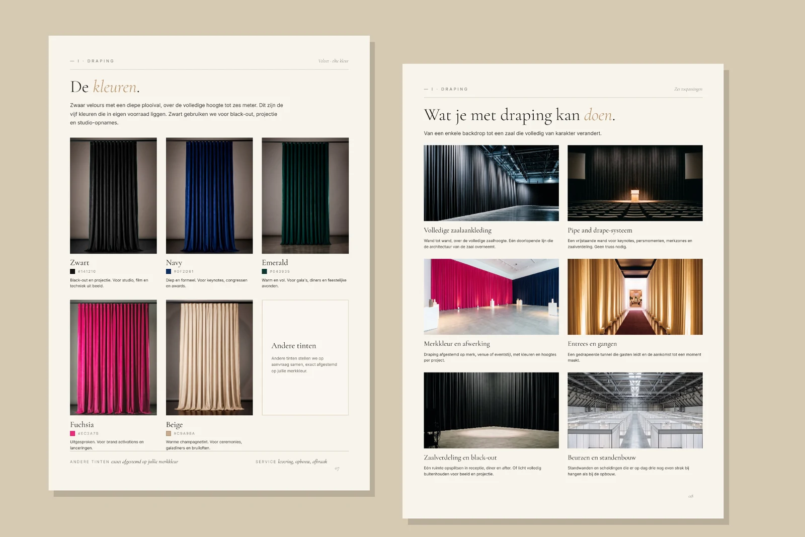 Draping: kleuren en toepassingen in de catalogus.