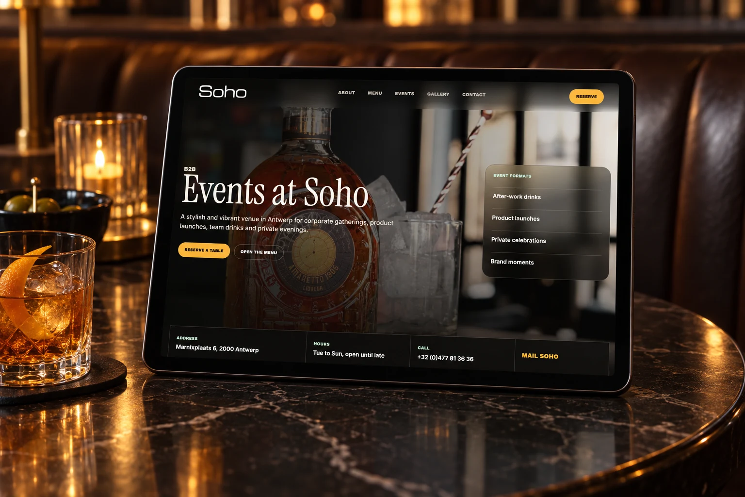 Soho Antwerp: Eventpagina op tablet