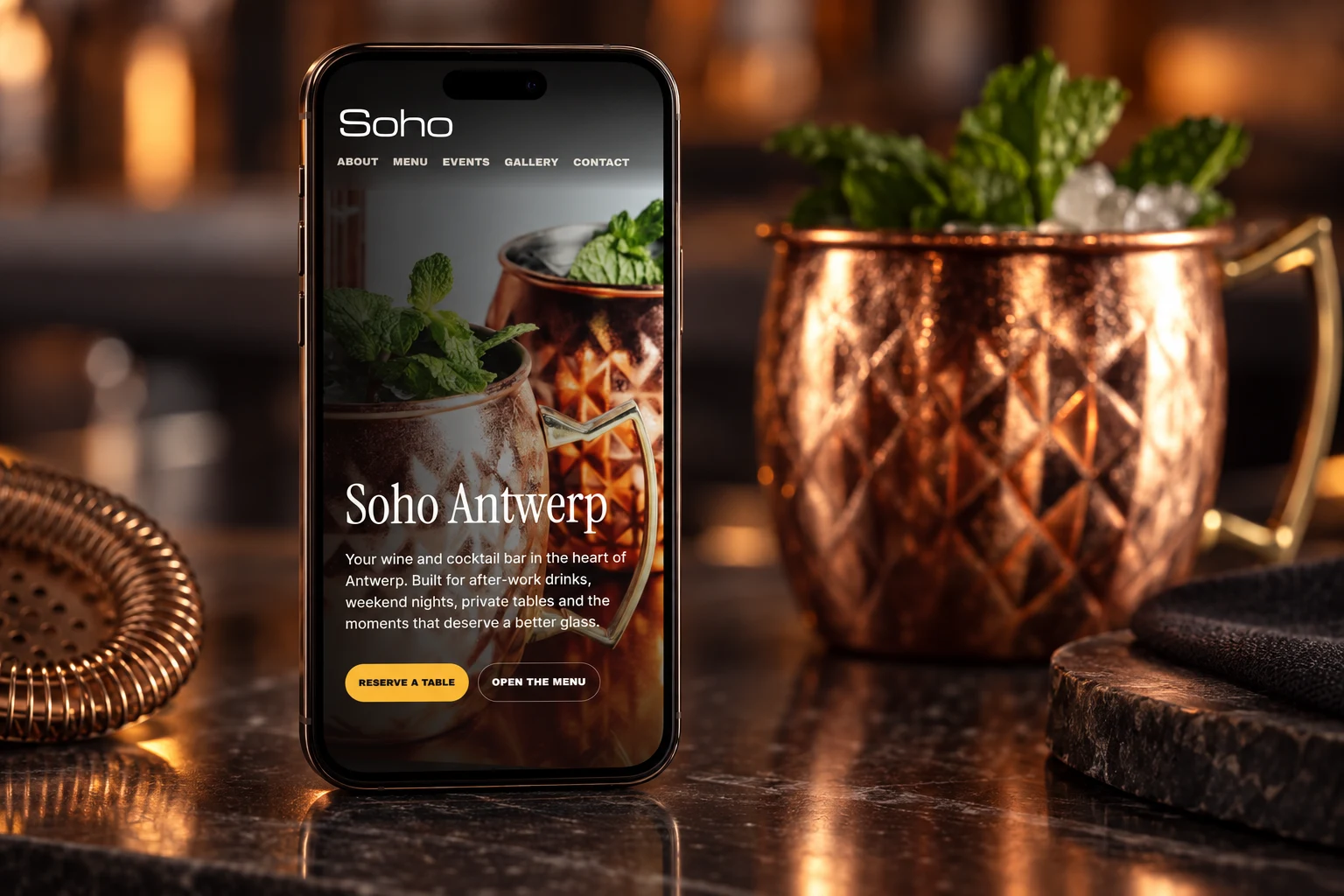 Soho Antwerp: Homepage op mobiel