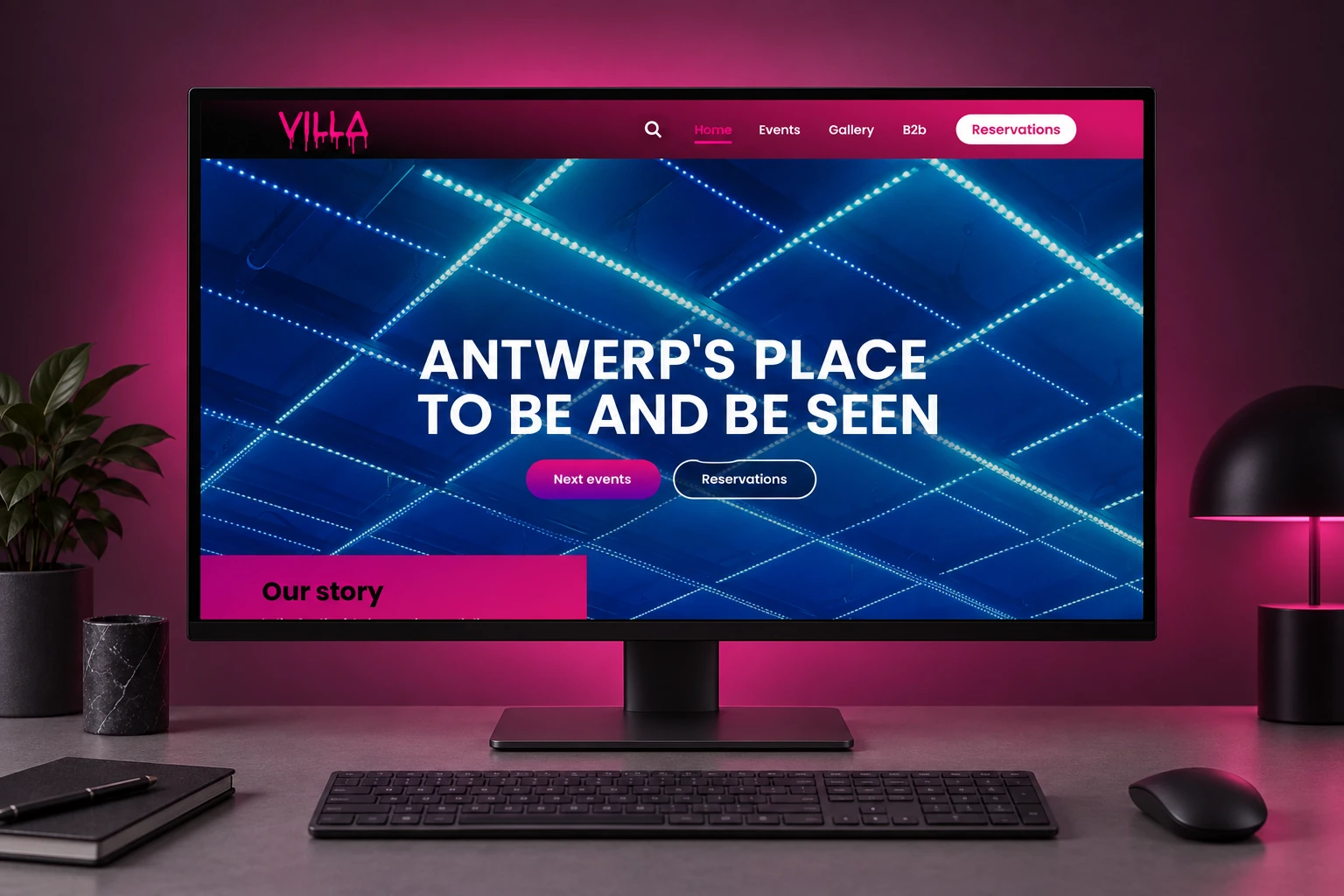 De homepage op desktop in een mockup.