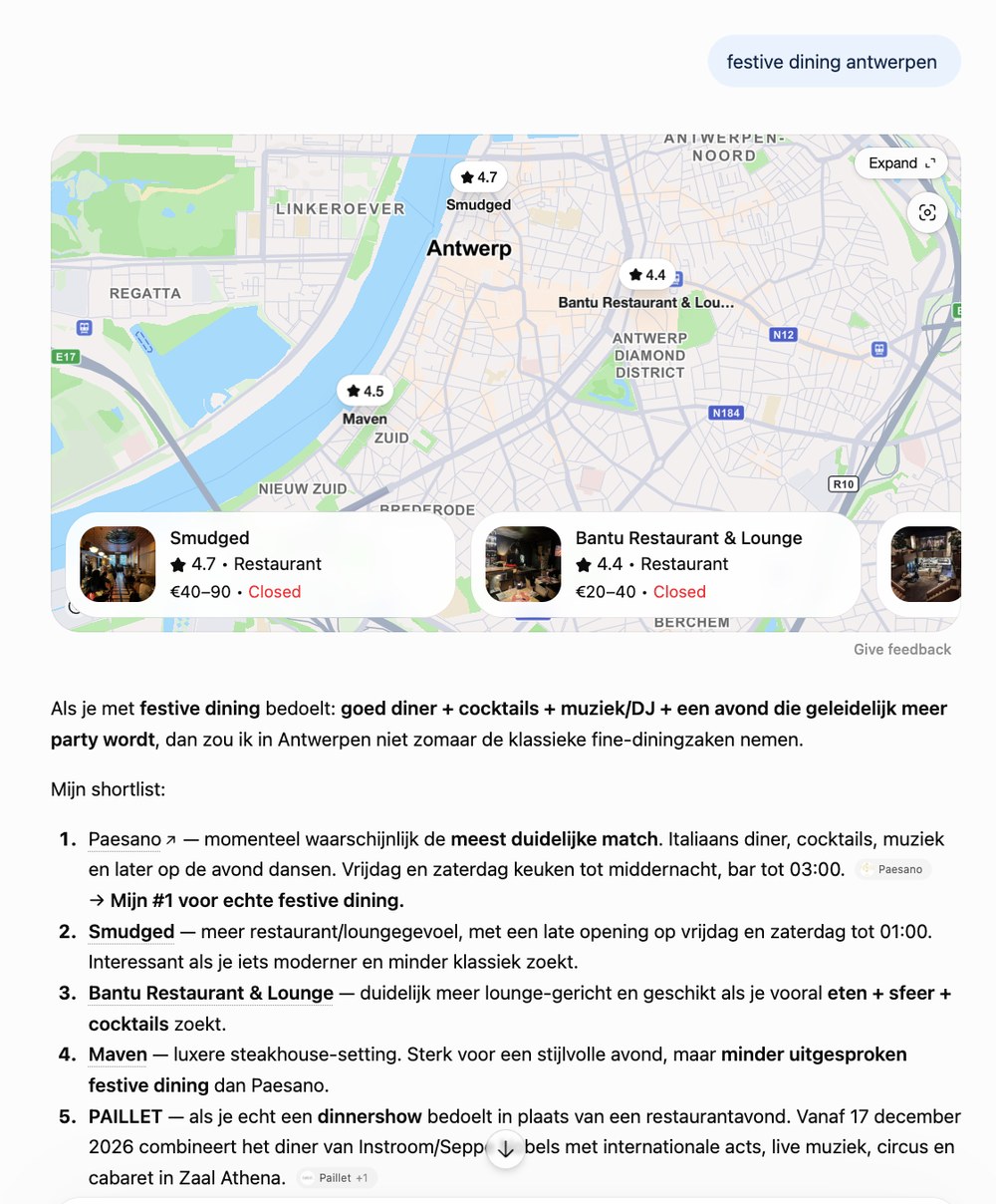 Fragment van een opgeslagen ChatGPT-antwoord waarin Paesano als eerste wordt aanbevolen