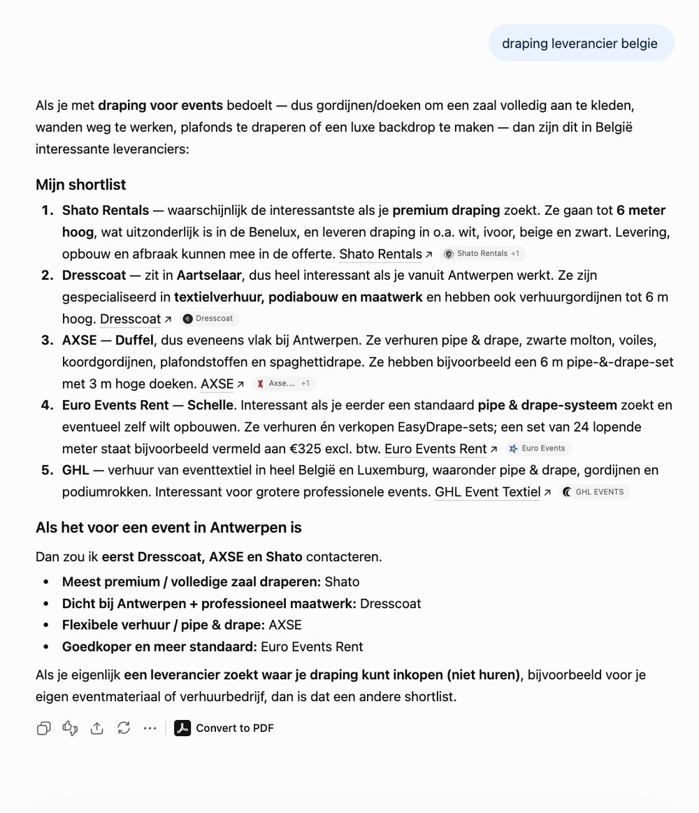 Fragment van een opgeslagen ChatGPT-antwoord waarin Shato Rentals in de shortlist staat